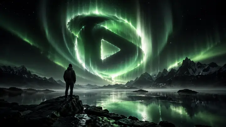 Une aurore verte et blanche discrète illumine l’apparition d’un logo sur un fond presque noir.