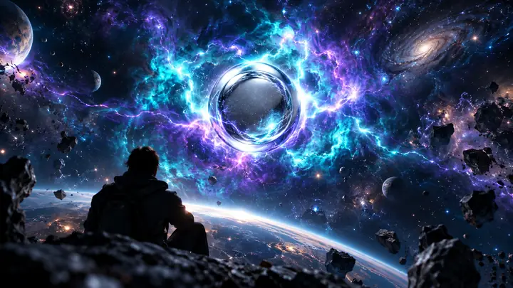 Un petit emblème circulaire argenté entouré de lumières électriques turquoise et violettes éclatantes dans l’espace.