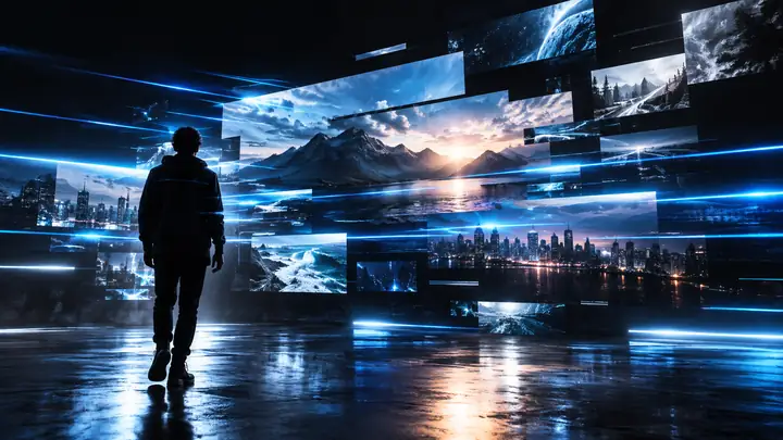 Des bandes lumineuses bleues horizontales et des lettres fragmentées traversent un cadre vidéo numérique sombre.