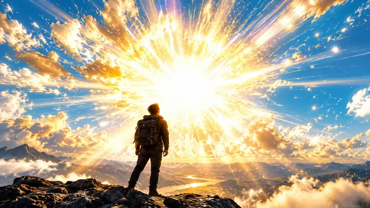Une explosion blanche et dorée éclatante, façon bande dessinée, rayonne sur un cadre vidéo bleu ciel.