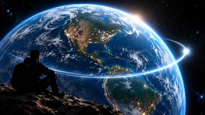Une planète Terre bleue et lumineuse sur fond d’espace noir, avec une brève apparition de logo blanc près de sa surface.