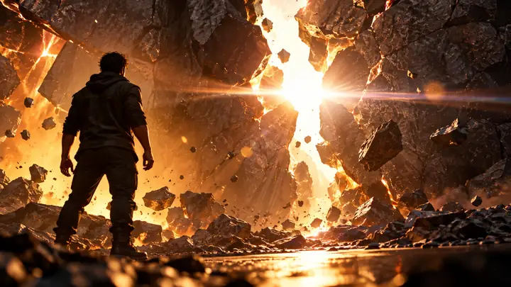 Un puissant éclat de lumière blanche traverse une pierre sombre fissurée, dans un éclairage cinématographique orange et chaleureux.