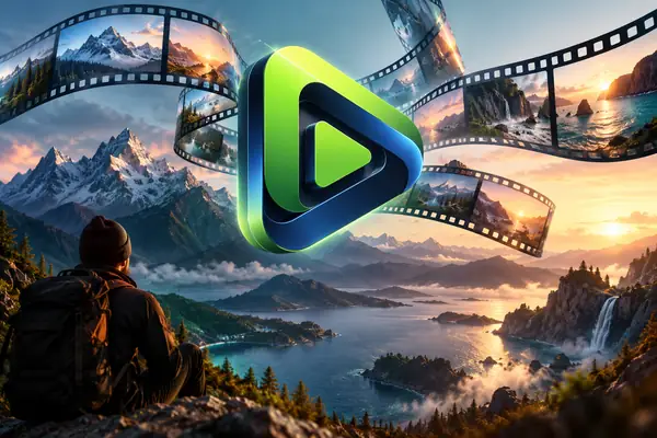 Ein modernes Videobearbeitungssymbol in Limettengrün und dunklem Marineblau schwebt vor übereinanderliegenden, filmreifen Landschaftsformen – eine klare, dreidimensionale Produktillustration.