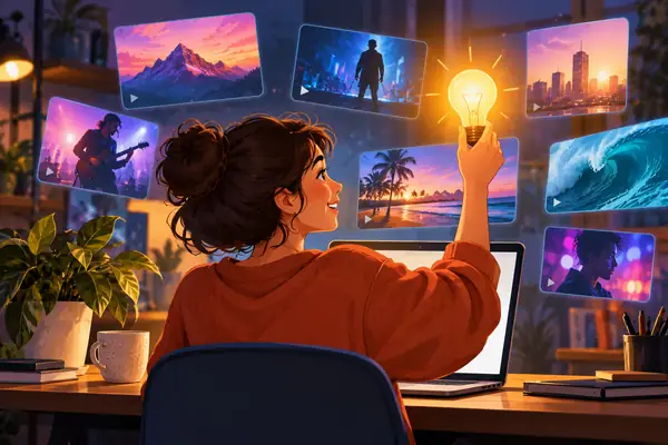 Eine freundliche, flache redaktionelle Illustration einer Person, die beim Stöbern nach Videoinspiration eine leuchtende Ideen-Glühbirne hochhält.