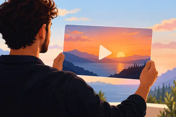 Eine flache redaktionelle Illustration einer Person, die einen Videoplayer-Bildschirm mit einem kleinen Wiedergabesymbol hält.