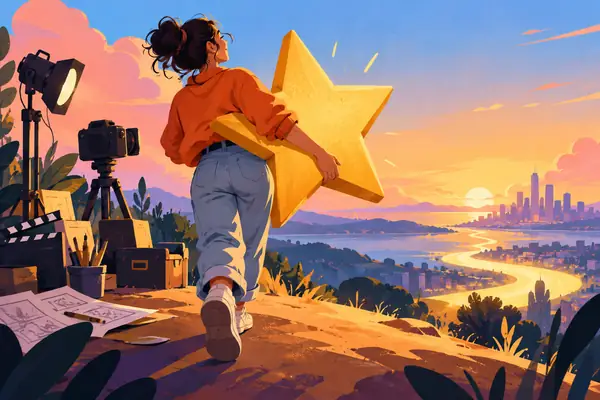 Eine verspielte, flache redaktionelle Illustration einer Person, die nach Abschluss eines kreativen Projekts einen großen goldenen Stern trägt.