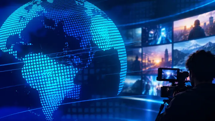 Un globe bleu sert de fond à un titre d’actualité net.