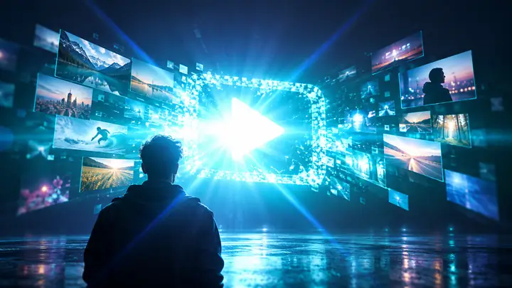 Un éclat cyan lumineux traverse des lettres vidéo brillantes.
