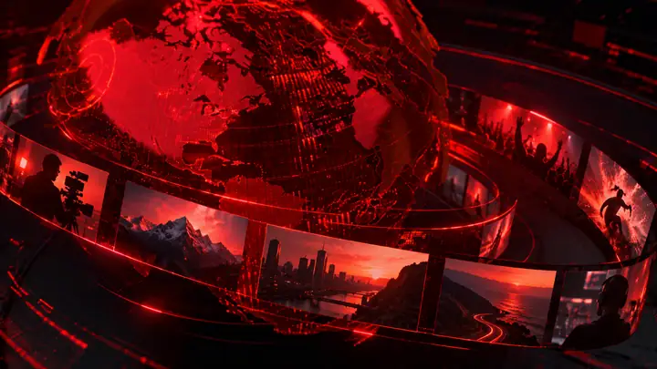 Un globe rouge lumineux tourne dans un cadre sombre d’actualité.