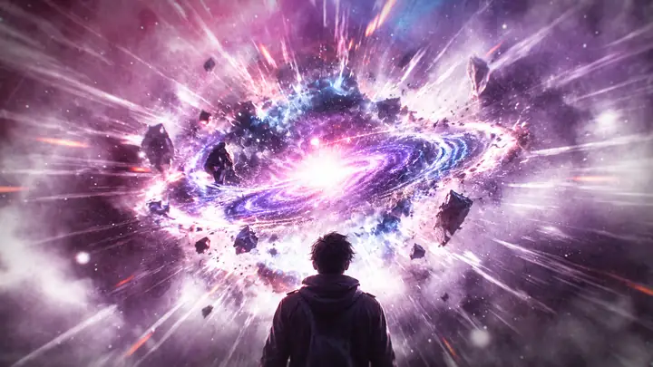 Une explosion cosmique lumineuse remplit une image vidéo violette et argentée.