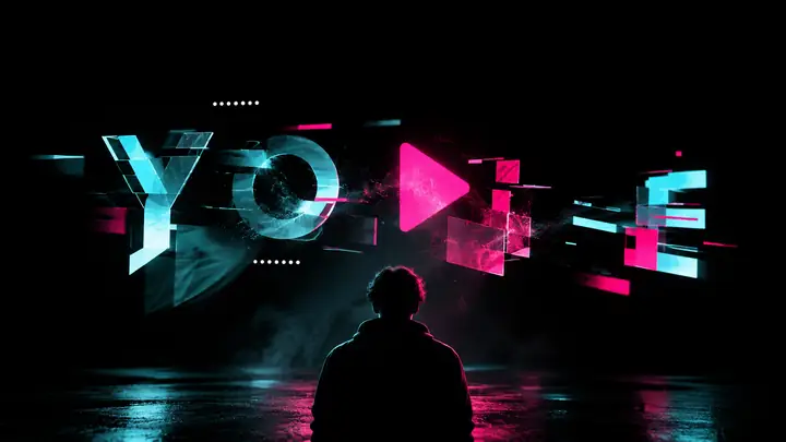 Des lettres cyan et roses fragmentées apparaissent sur un écran noir.