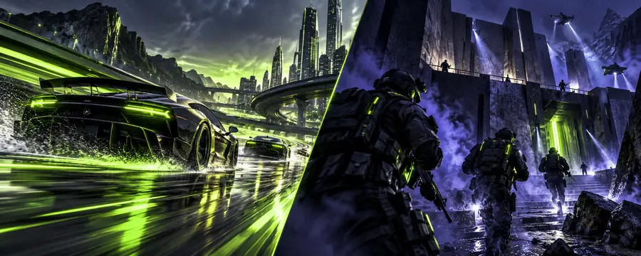 Leuchtende Titelschrift im Glitch-Stil als Referenz für einen Gaming-Stil